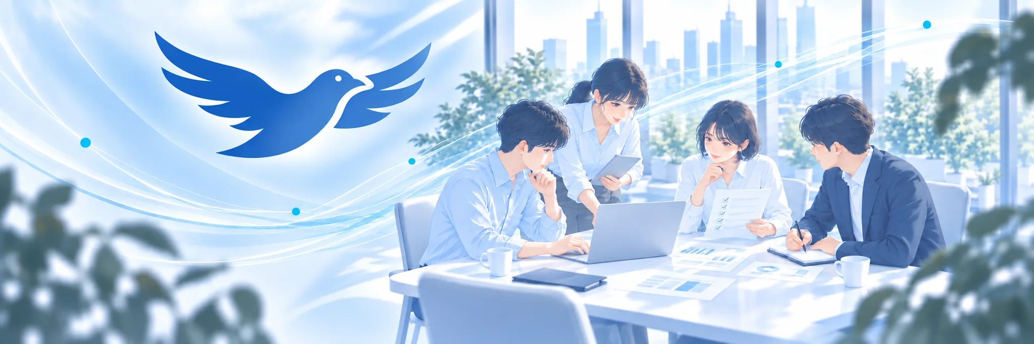 オフィスで資料を囲みながら打ち合わせをする4人のビジネスパーソンと、Pass Birdのシンボル
